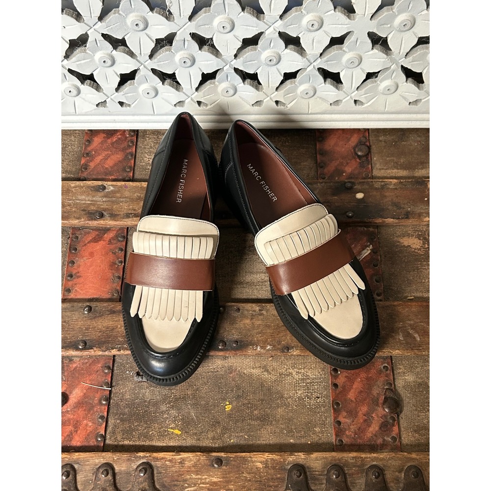 Marc Fisher Black, Brown & Cream Leather Kiltie Detail Loafers